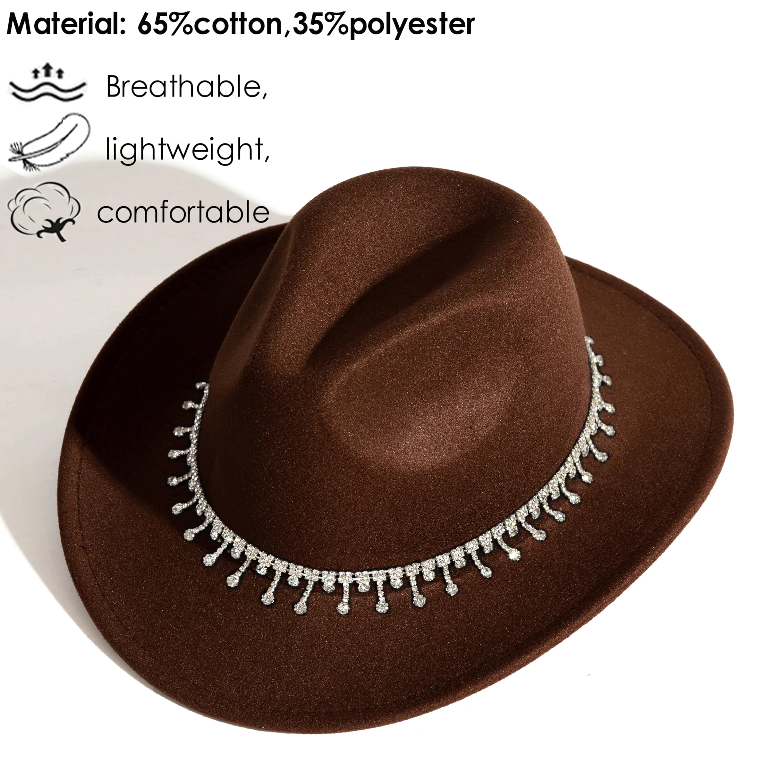 Cappello da cowboy da cowboy con strass lucido a tesa larga per il partito