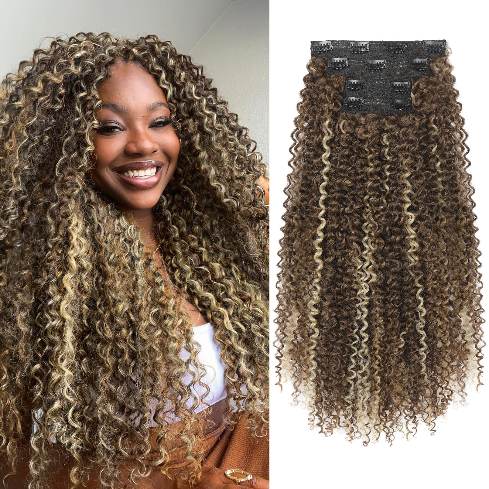 FLUFYMOOZ Clip in Hair Extensions, 20" 4PC 100％ Pure Protein Silk Hair Extensions for Black White Women Long Soft Curly Hair Extension Hairpiece(