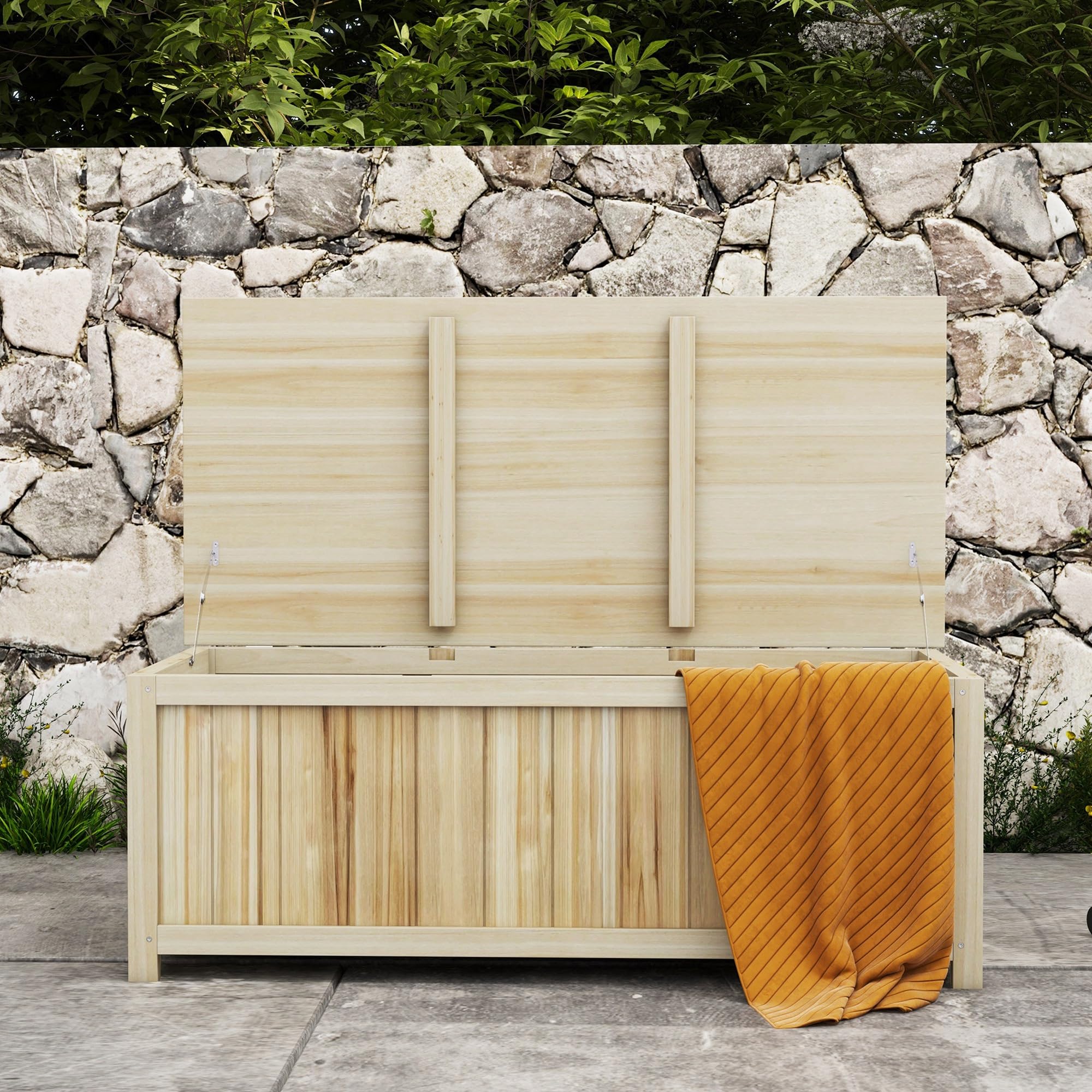 Outsunny Panca Contenitore da Giardino da 172L in Legno di Abete, Baule da Esterno 120x55x45cm Colore Legno