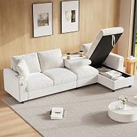 Sofá Convertible de 4 plazas en L con USB C y mesa plegable con 2 portavasos, sofá esquinero convertible de tela Chenill con reposabrazos y almacenamiento, sofá de 4 plazas en el salón Appt, beige