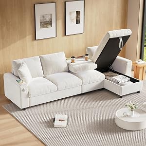 Sofá Convertible de 4 plazas en L con USB C y mesa plegable con 2 portavasos, sofá esquinero convertible de tela Chenill con reposabrazos y almacenamiento, sofá de 4 plazas en el salón Appt, beige