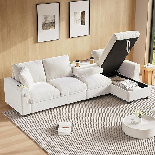 Sofá Convertible de 4 plazas en L con USB C y mesa plegable con 2 portavasos, sofá esquinero convertible de tela Chenill con reposabrazos y almacenamiento, sofá de 4 plazas en el salón Appt, beige