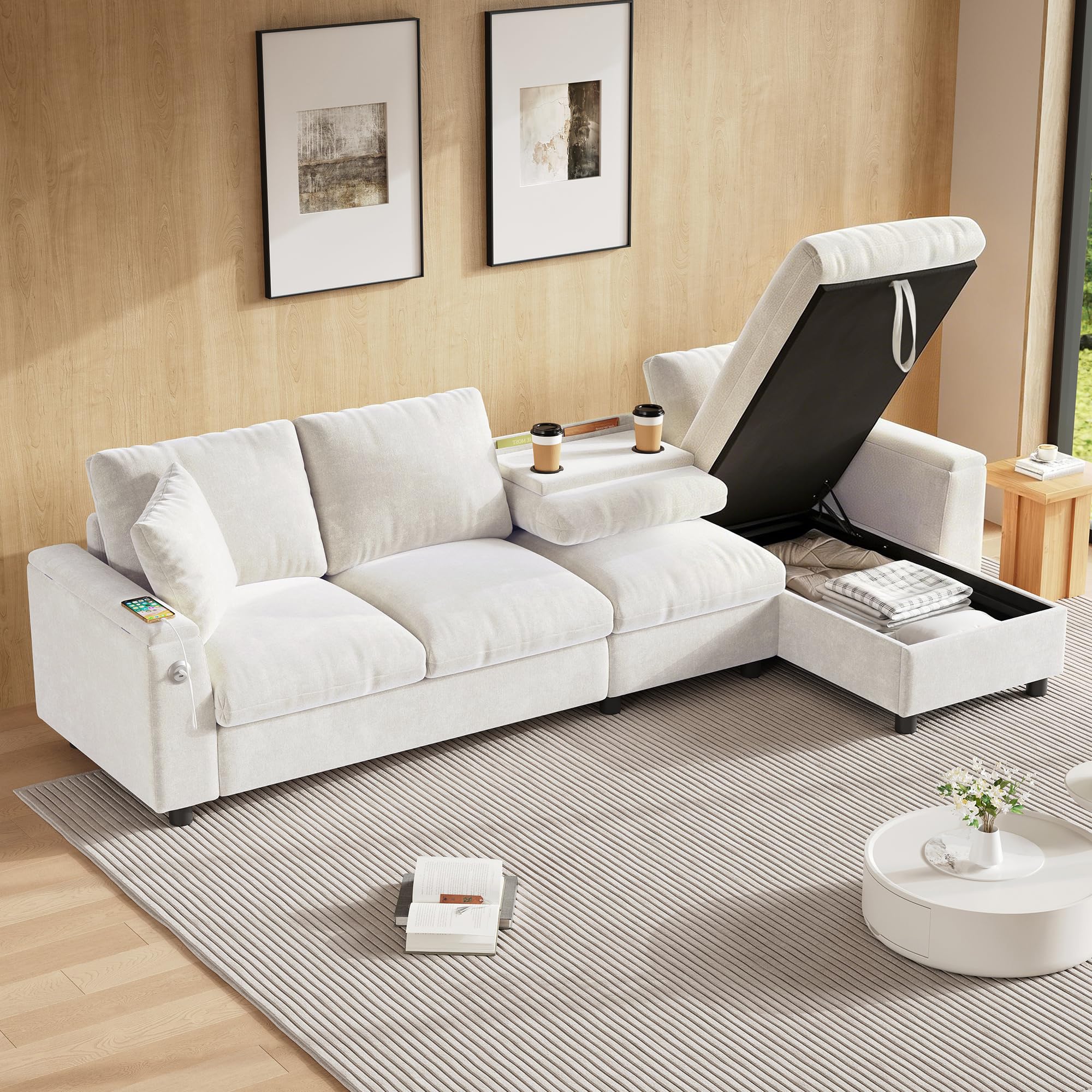 Sofa szenilowa w kształcie litery L z miejscem do przechowywania, rozkładany stolik kawowy z uchwytami na napoje, USB i typ C, montaż z lewej lub prawej strony, beżowy, sofa narożna