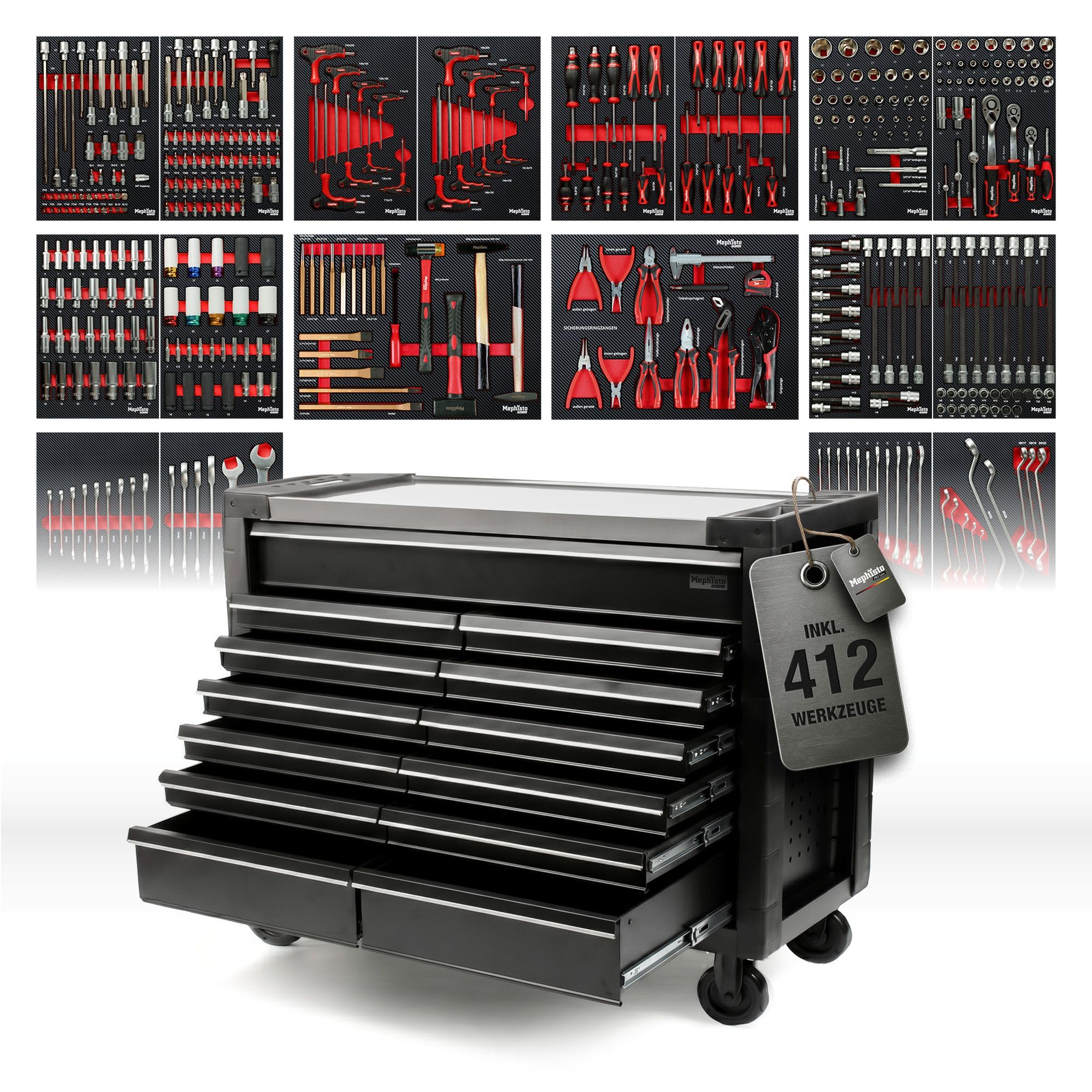 Mephisto Pro-Line Werkzeugwagen Werkstattwagen Double Full Black gefüllt mit 13 Schubfächern inkl. Werkzeug wie VDE Zangen, Steckschlüssel, Ratschen in Soft Inlays in Carbon Lock