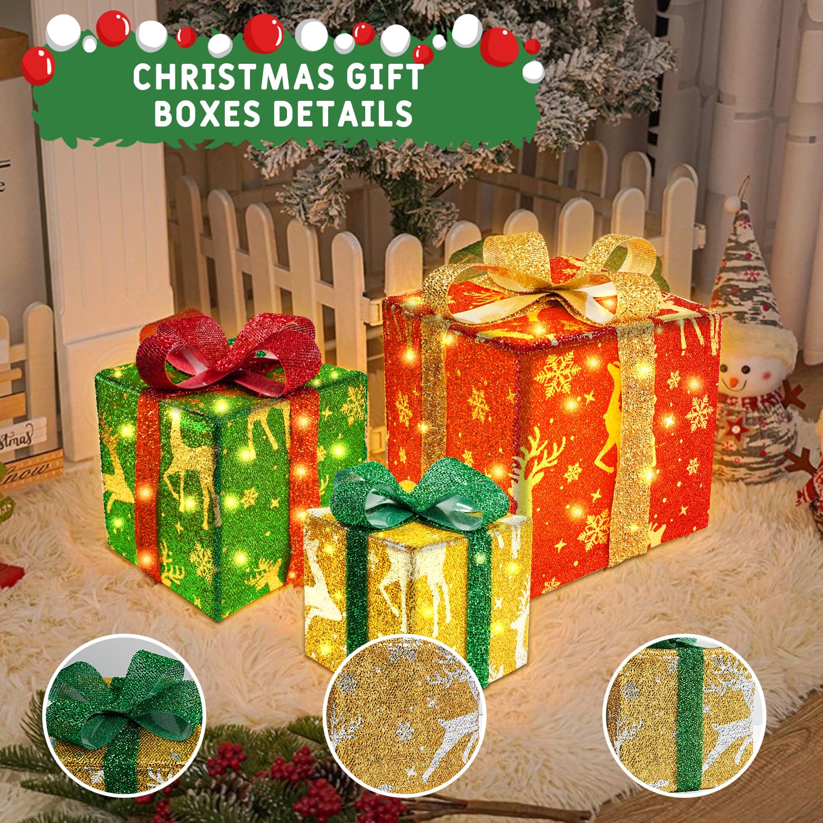 Robofun Boîte Cadeaux Lumineuse de Noël, Lot de 3 Boîte Cadeaux Lumineuse de Noël avec Noeud, Boîtes Cadeaux LED pour Decoration Noel, Intérieur et Extérieur-Rouge, Vert et Jaune