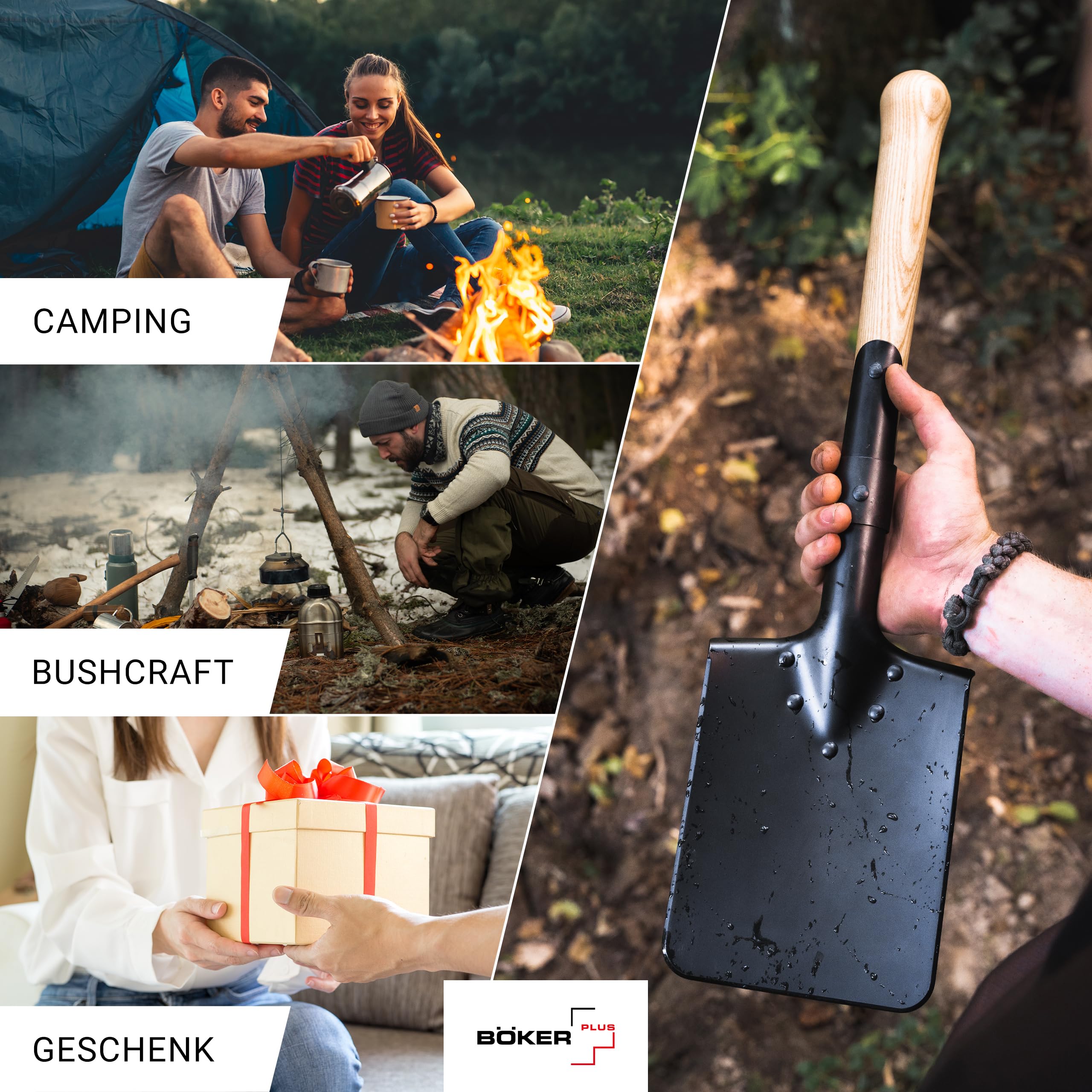 Böker Plus® Shovel M1874 - Deutscher Feldspaten mit Holzstiel - Armee Kurzspaten nach historischen Pionierspaten - Kurze Outdoor-Schaufel mit Tasche für Bushcraft-, Camping-, Survival-Ausrüstung