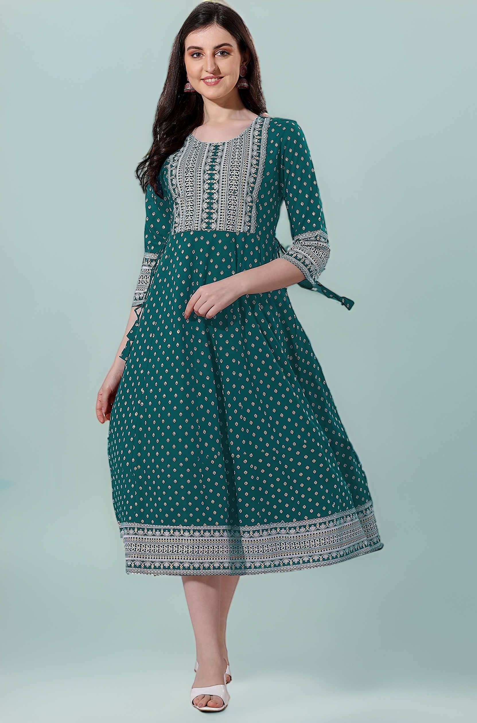 MIRCHI FASHION Women's Cotton Relaxed Fit A Line Sequins Embroidery Work Foil Printed A-Line Kurti Only