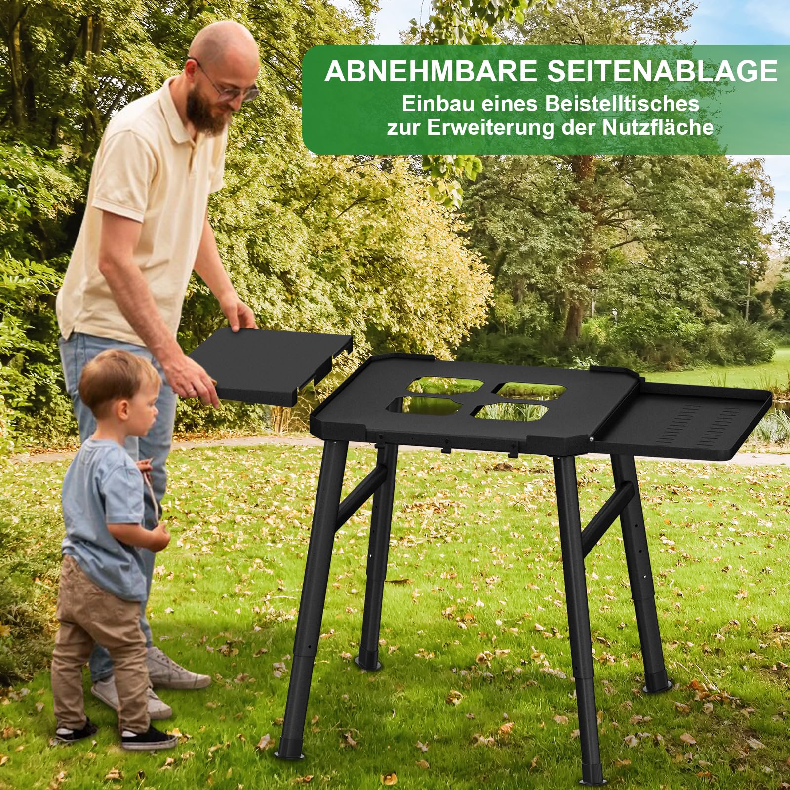 Grillständer für Ninja Woodfire Außenbereich Grill - Elektrischer Außenbereich BBQ Grill höhenverstellbarer Ständer mit doppeltem Seitentisch, Pizzaofenständer mit hängenden Haken