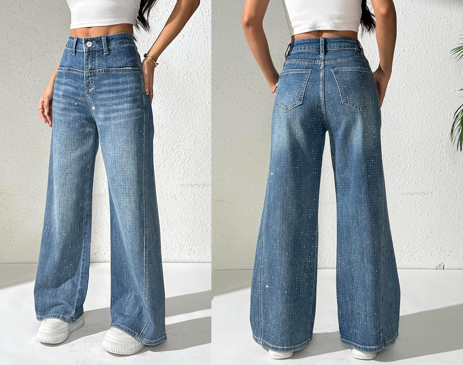 heipeiwa Women's Rhinestone Jeans Wide Leg Flare Denim Pants High Waist Sparkle Shiny Sequin Glitter Trouser - Image 4