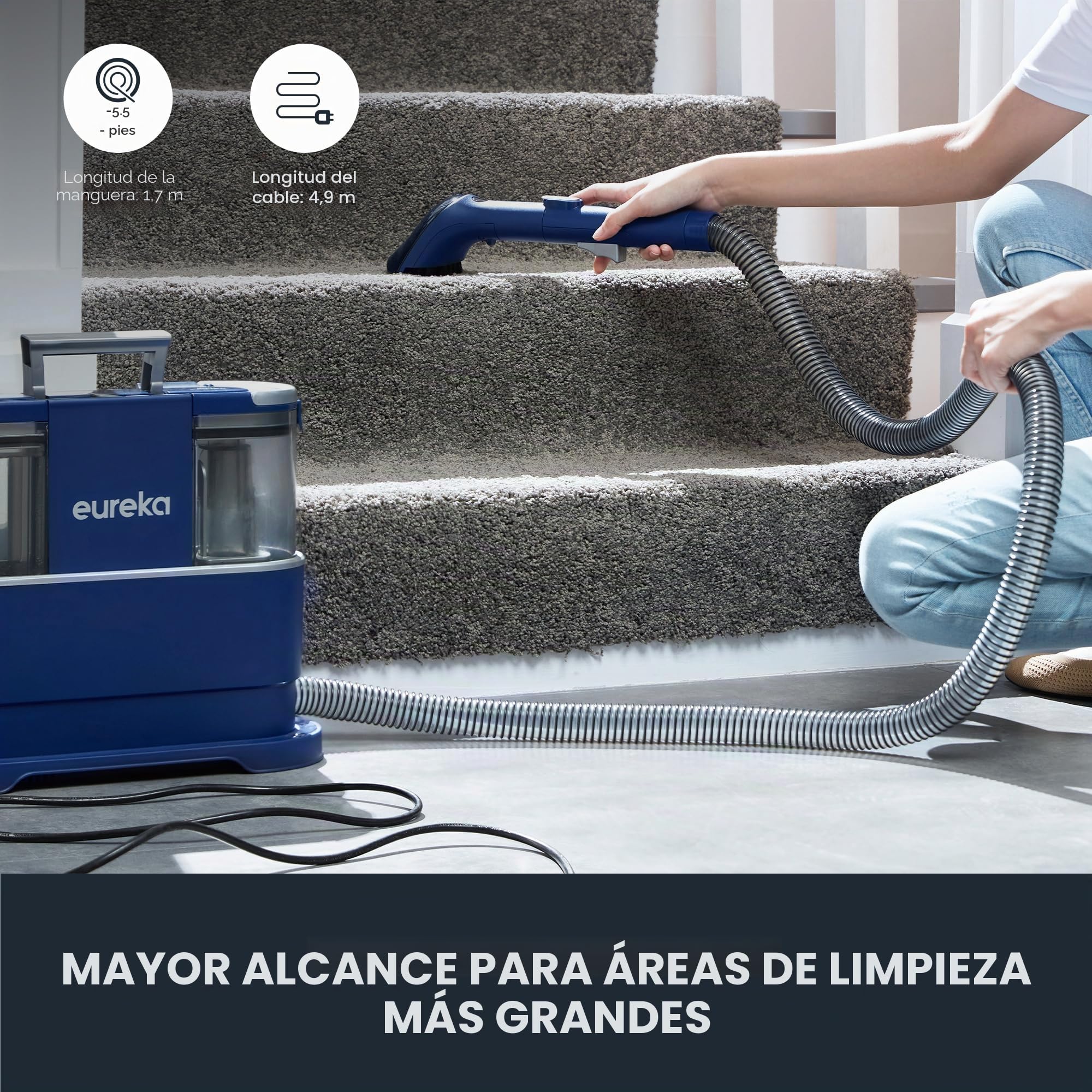 Eureka Aspirador de alfombras, Limpiador de Manchas Multisuperficie para Alfombras, Moquetas, Tapicería, Escaleras y Coche, Depósito de Agua Grande de 1.5 L, NEY100 con Fórmula Limpiadora, Azul