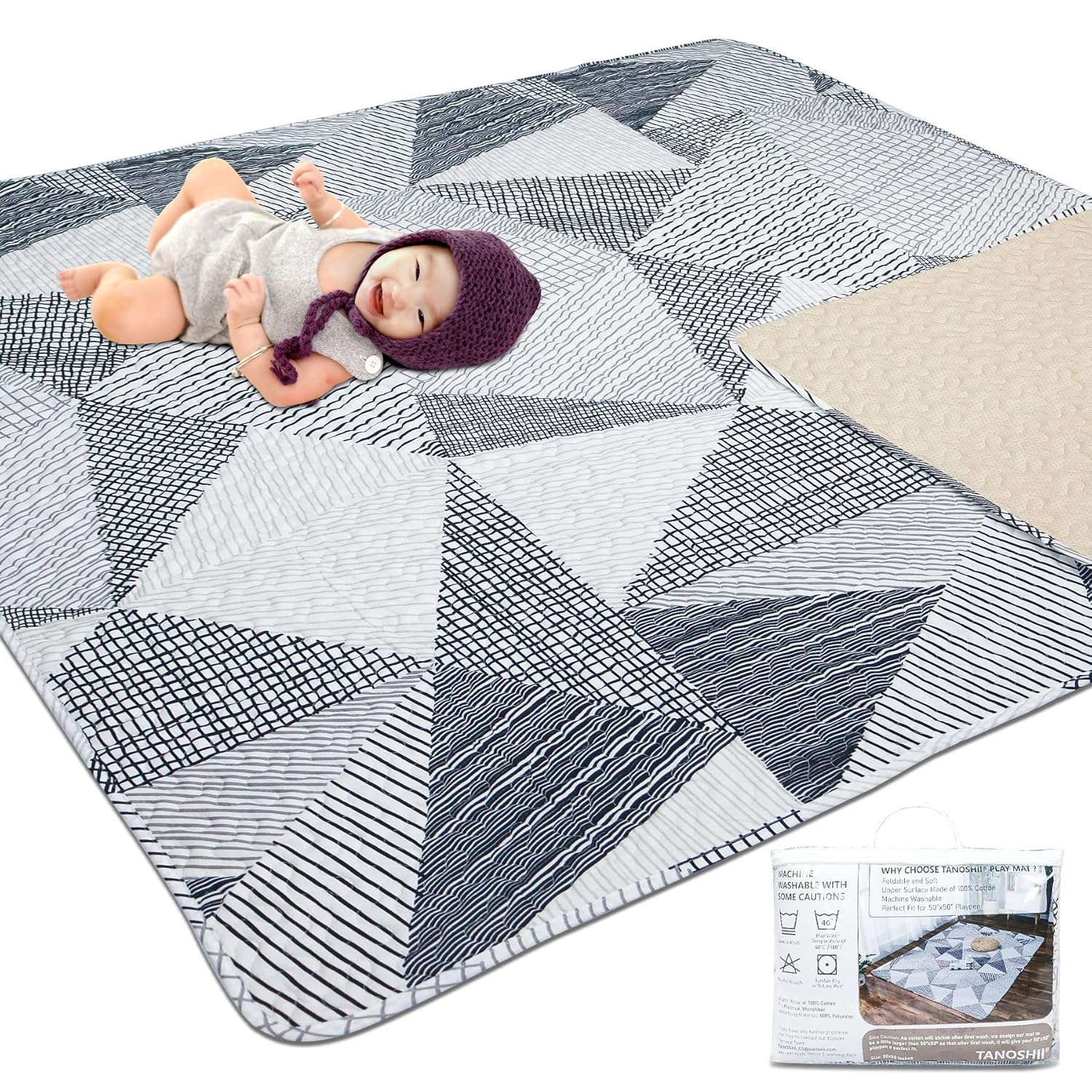 TANOSHII Baby Play Mat for 50"x50" Playpen, Machine Washable Kids Mat, Cotton,Foldable Crawling Mat for Floor,One-Piece Crawling Mat Non Slip Baby Mat for Floor,Portable Travel Large Play Mats