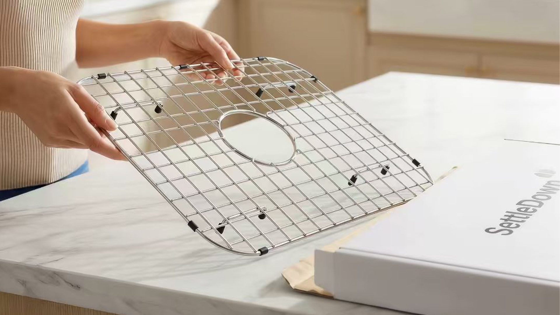 Sink Protector Grid 26-1/16 x 14-1/16,Centered Drain with Corner Radius 3-1/2, Stainless Steel Material(Centered Drain)