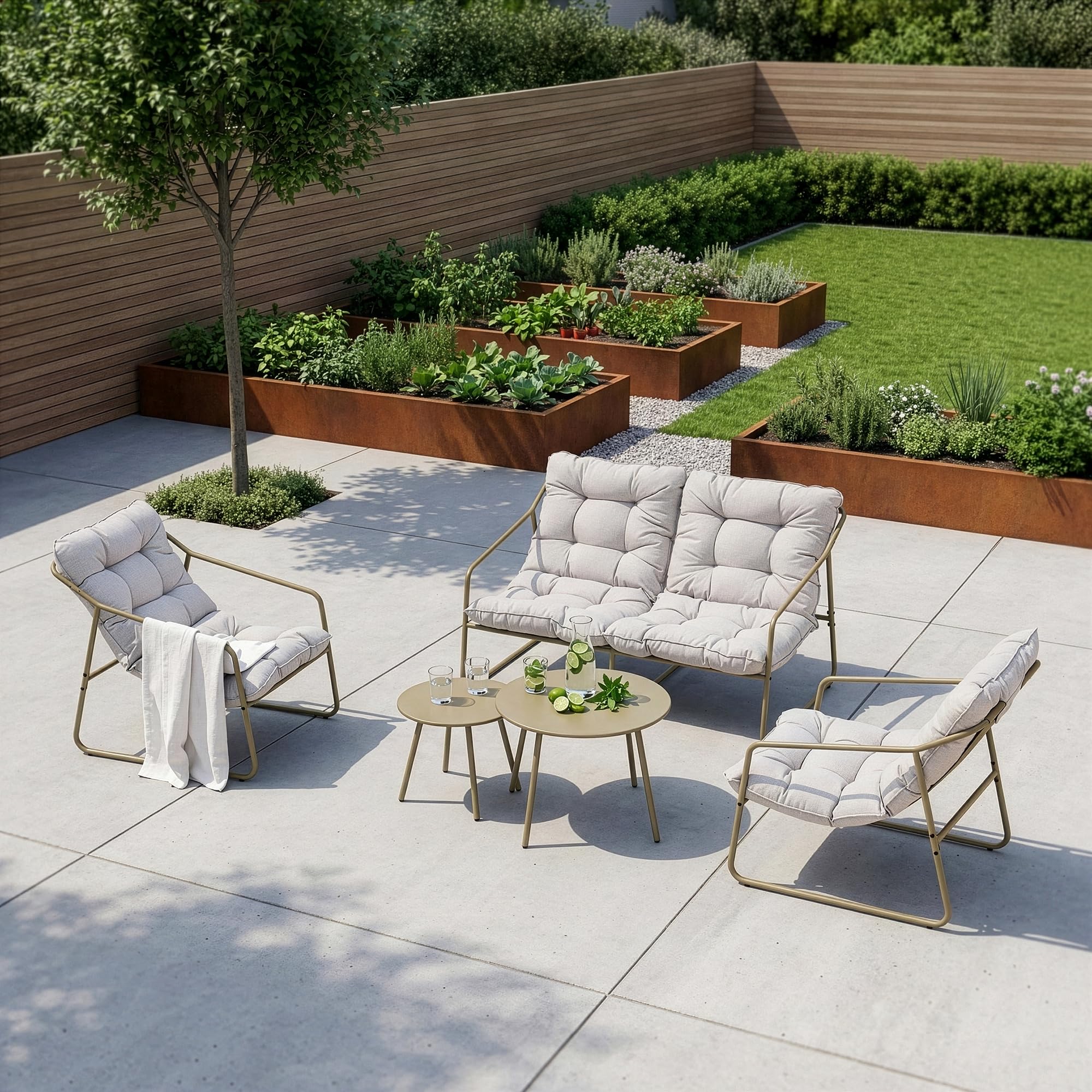 [en.casa] Salon de Jardin 5 Pièces Kivanta 2 Tables Banc 2 Chaises Beige