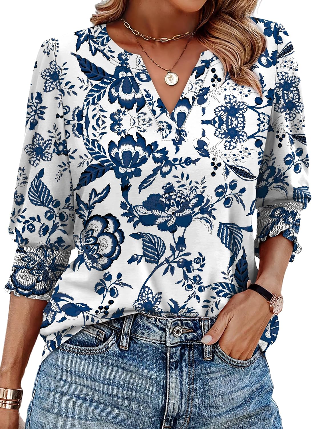 WIHOLL Blouses for Women Dressy Casual 3/4 Length Sleeve Womens Tops Trendy Summer Fall Shirts S-3XL