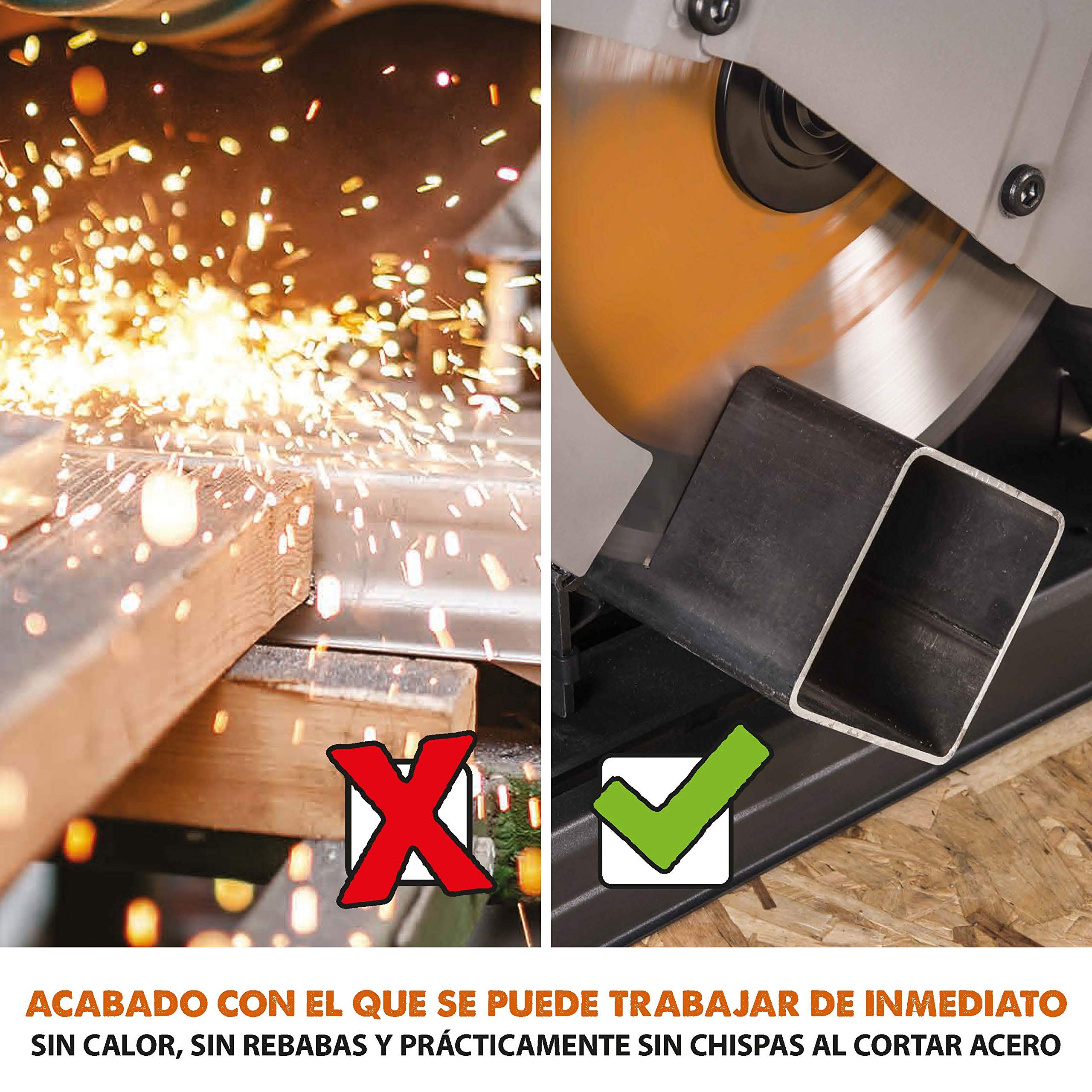 Evolution Power Tools - R355CPS Sierra tronzadora multimaterial, Corta acero dulce, aluminio, plástico, incluso madera con clavos incrustados, 355 mm