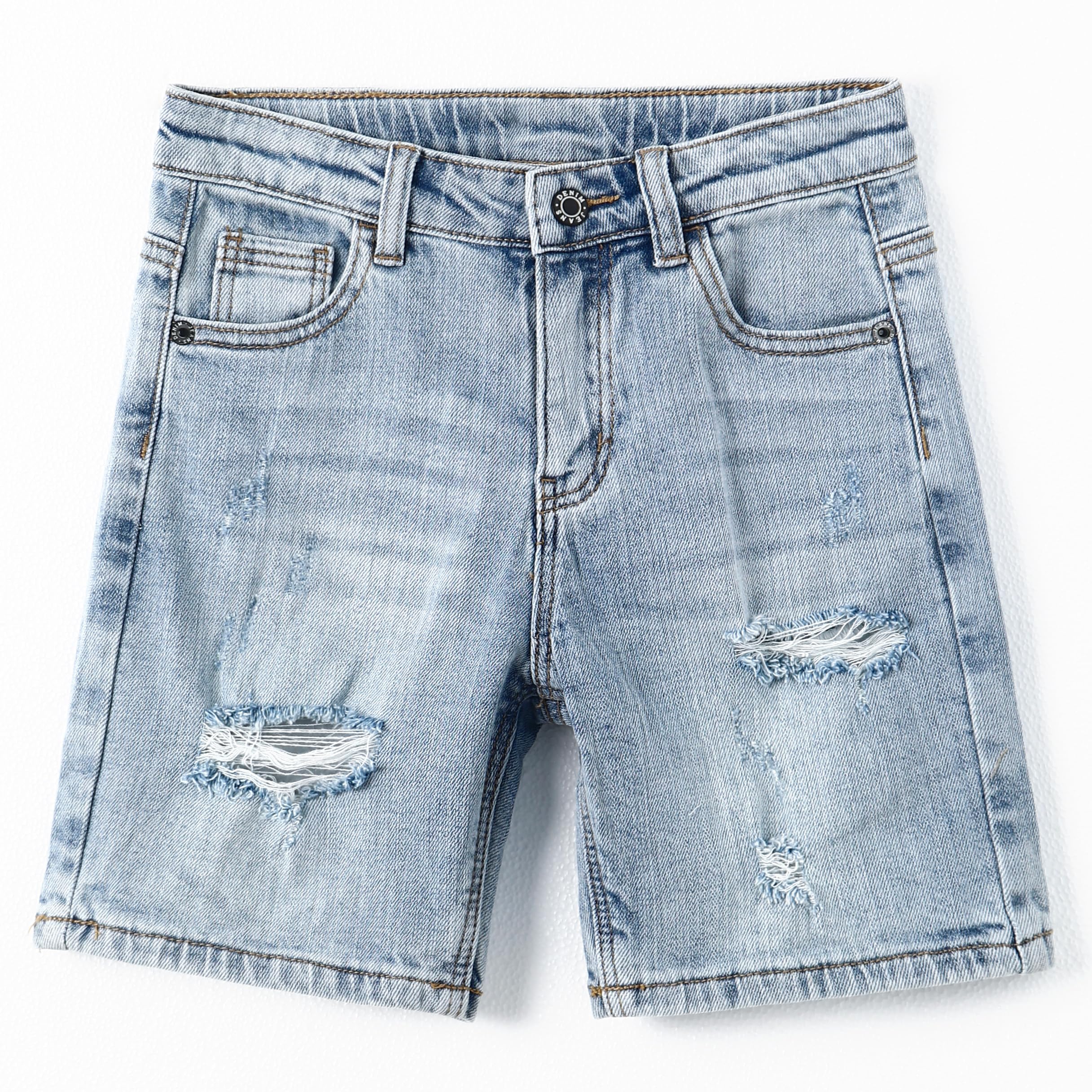 KIDSCOOL SPACE Sommer-Denim-Shorts für Jungen, zerrissene Löcher, weiches Gummiband auf der Innenseite der halben Jeanshose