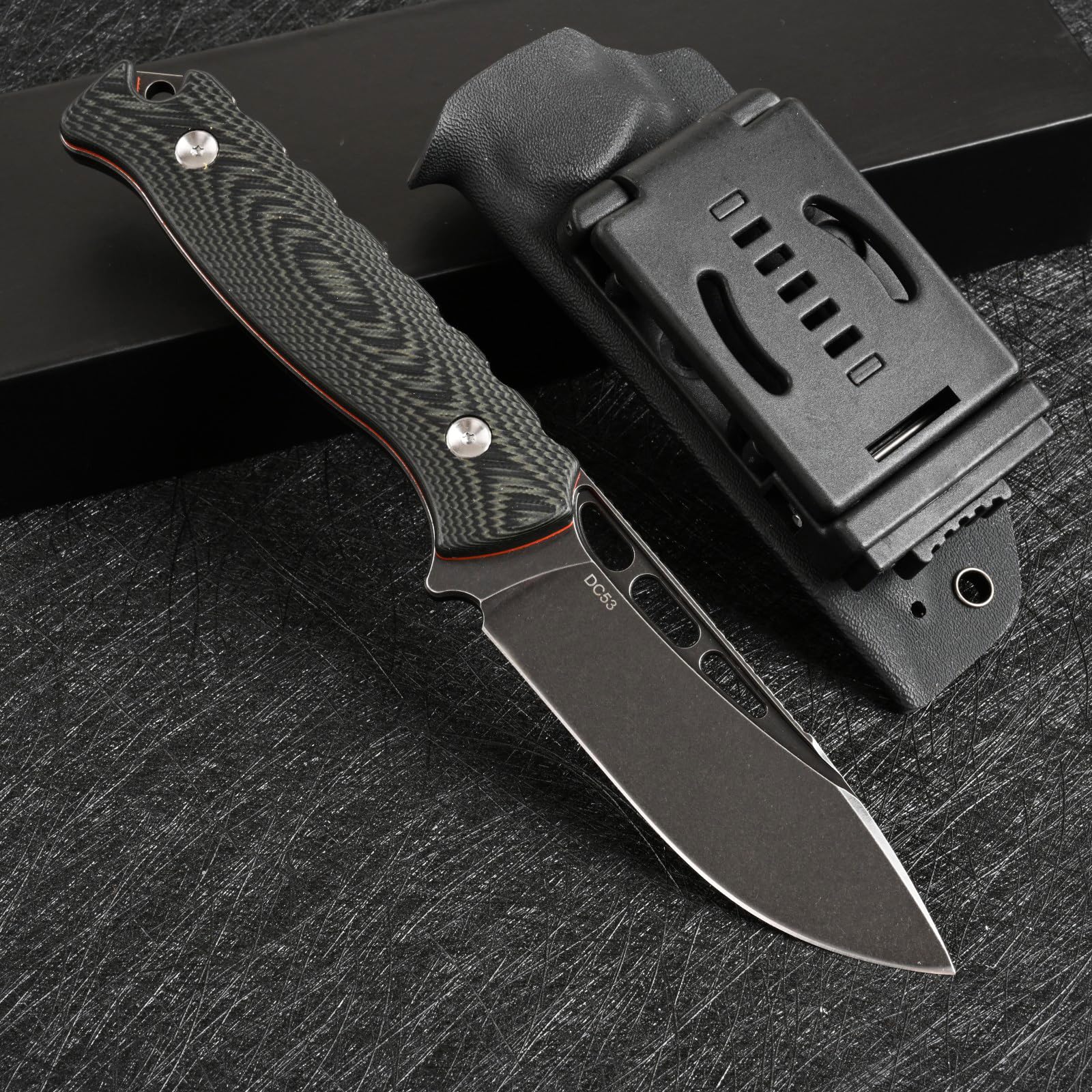 DC53 Stahl messer Feststehende Klinge mit Kydex Scheide für Männer EDC Survival Outdoor Camping (Schwarz/schwarz)