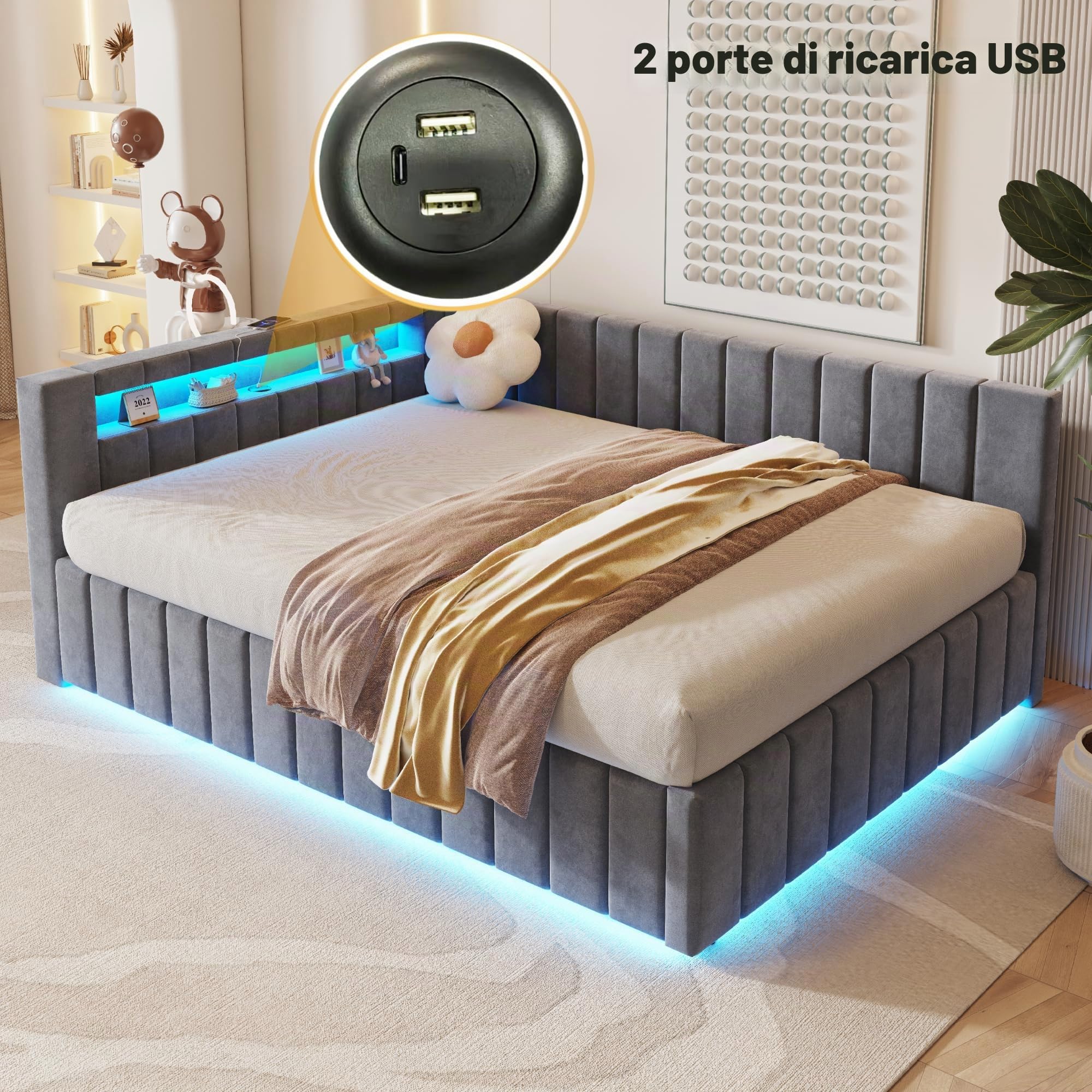 Letto imbottito divano letto 140 x 200, letto matrimoniale con vano portaoggetti idraulico, con luce LED e funzione di ricarica USB, letto giornaliero per ragazzi con rete a doghe, tessuto di