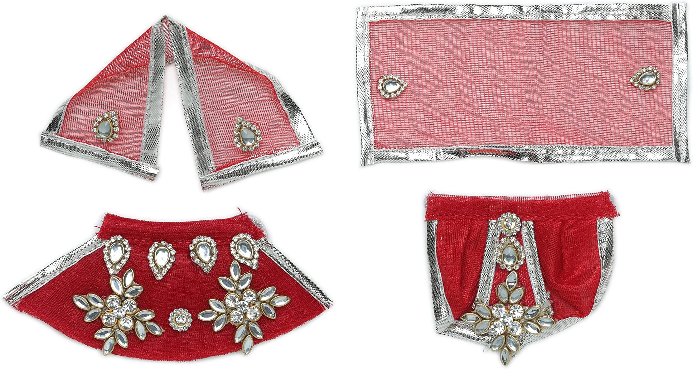 Red Laxmi Ganesh Dress poshak vastra Cloth Lehenga Chunari Dhoti Puja Item samgari Radha Krishna Dress Poshak for Laxmi Ganesh Durga Devi Statue Idol Statues Pooja Decor Decorations Size 3"