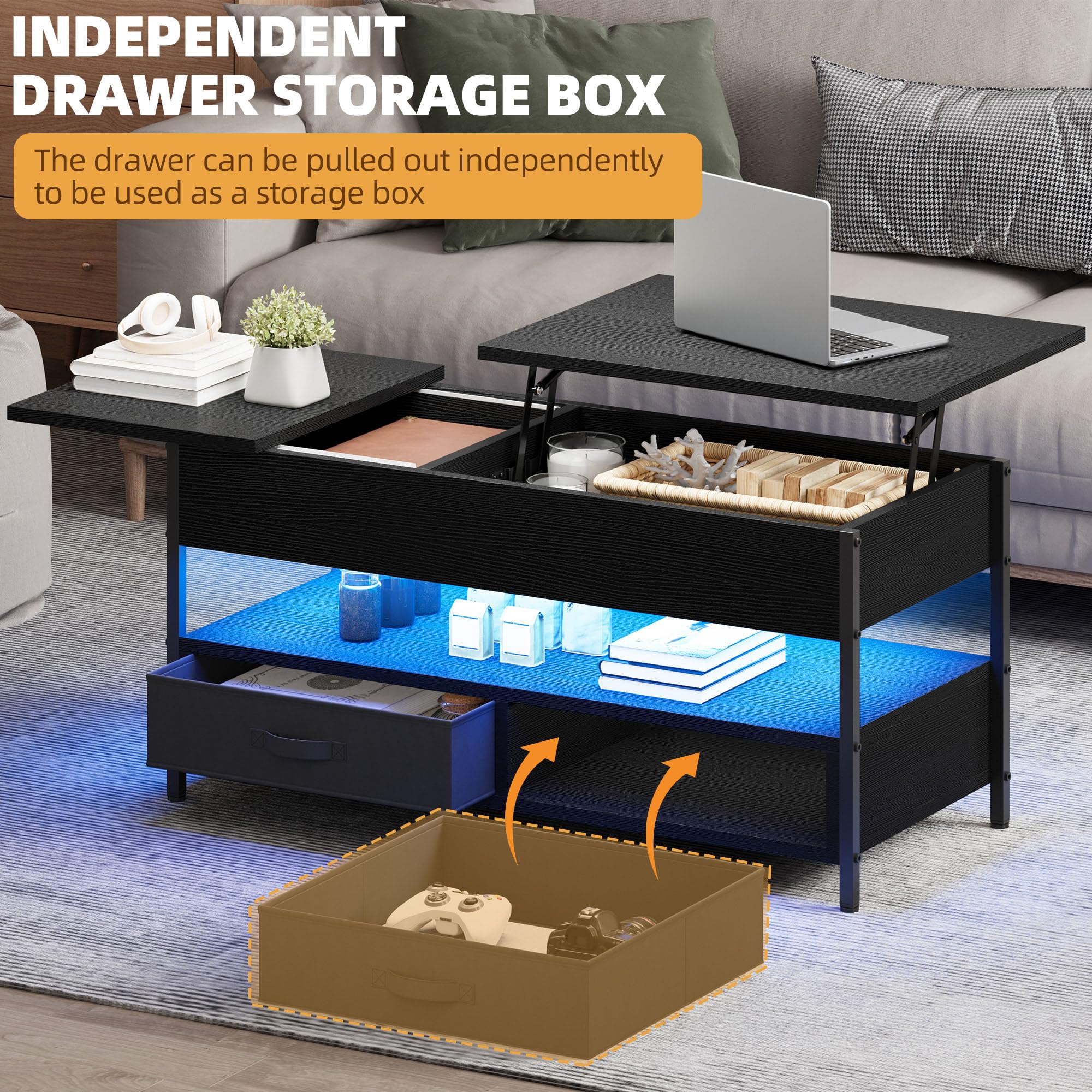 DWVO Couchtisch Höhenverstellbar mit 2 Schublade und Offener Lagerraum, LED Couchtisch mit Verstecktem Ablagefach, Wohnzimmertisch 106 x50x51,5cm