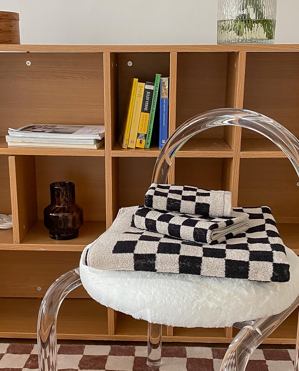 Bath Towel Set, Checkered Towels, 100% Cotton, Color Matching, Super Soft and Absorbent, Fade-Resistant, Cozy, Gifts (2 Bath Towels, Black and Cream)