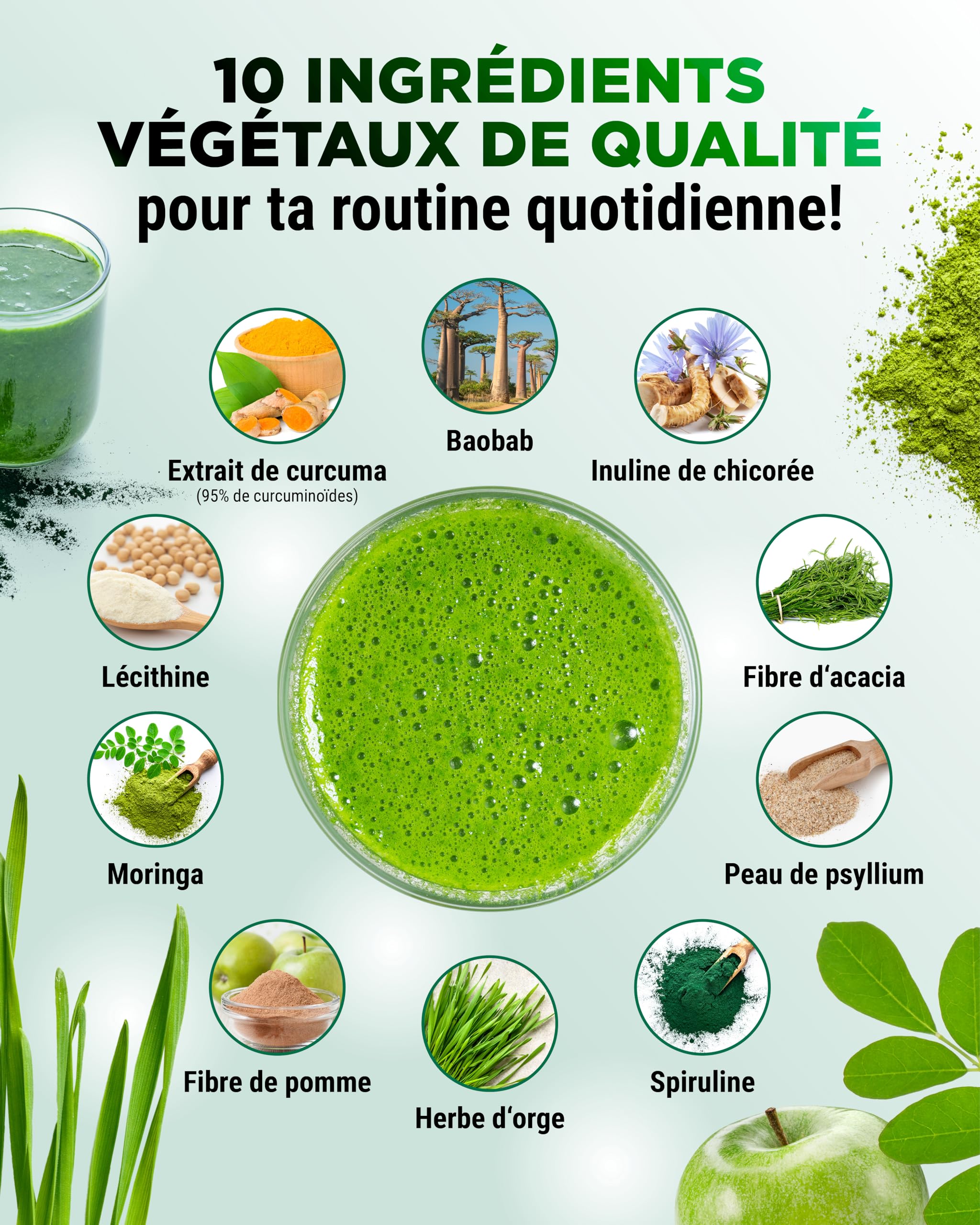 Daily Greens & Fiber Poudre - Combinaison de Fibres & Superfoods - Psyllium, Spiruline, Moringa, Herbe d'Orge, Inuline, Fibre de Pomme, Extrait de Curcuma, Fibre d'Accia, Lécithine (600g Pomme Verte)