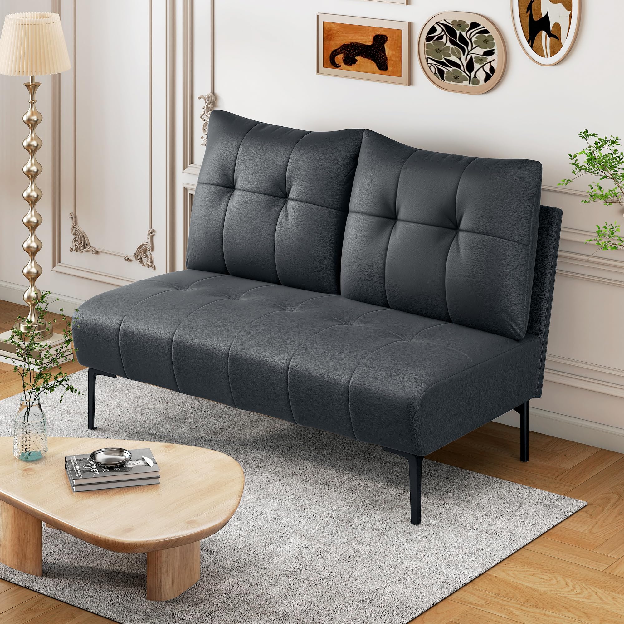 HOMCOM Divano 2 Posti Compatto in Finta Pelle, Divano Moderno Trapuntato a Bottoni con Imbottitura Spessa e Gambe in Legno, Divanetto Senza Braccioli per Salotto e Studio, 115x73x83 cm, Nero