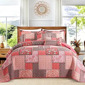 VAPUTAR Cotton Quilts Queen Size, Pink Farmhouse Bedspreads Queen Size (90 * 98 in) - 3 Pieces Lightweight Patchwork Floral Queen Quilt Bedding Set, Queen Coverlet Set Suitable for All Season