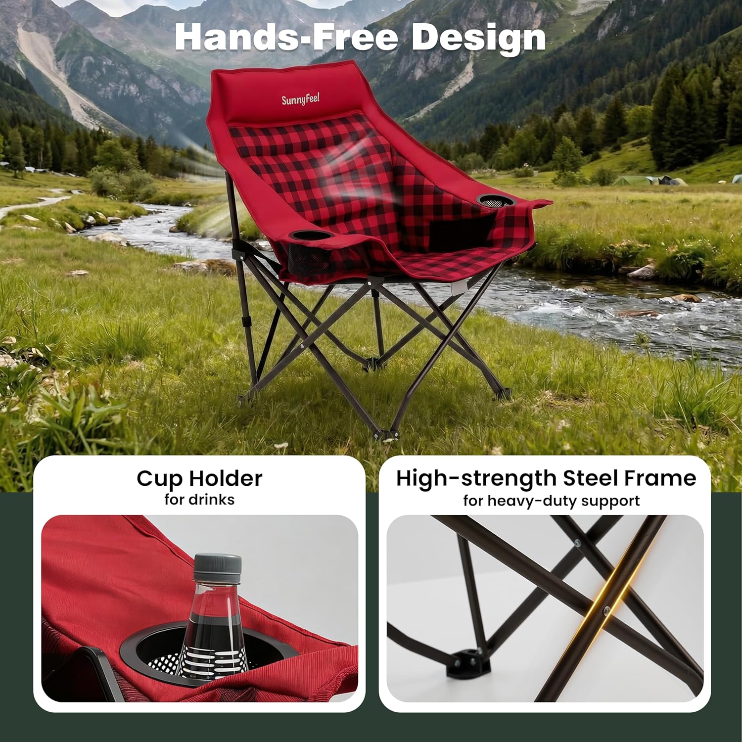 SUNNYFEEL 2 Pack Heavy Duty Camping Chairs for Adults Portable Oversized Folding Chair with Side Pockets & Cup Holde for Fishing,Trip,Picnic,Lawn,Concert Outdoor, Carry Bag Included