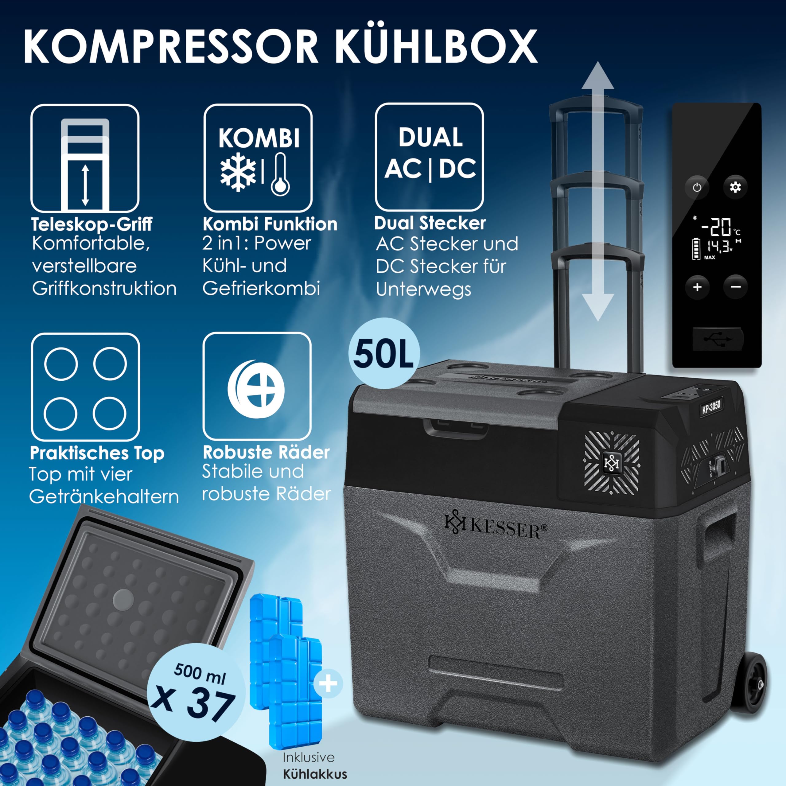 KESSER® Lodówka elektryczna z kompresorem, 50 litrów, ze sterowaniem za pomocą aplikacji, złącze USB 12/24 V 230 V, drążek teleskopowy do lodówki, chłodzenie do -20 °C do samochodu, ciężarówki, łodzi, kampera, kempingu
