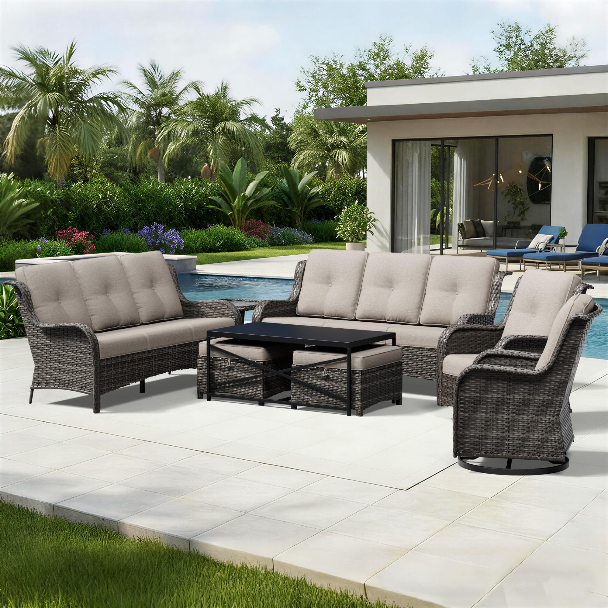 Joyside 8 Piece Wicker Patio Furniture Set, Outdoor Swivel Rocker Patio Chairs with High Back, Deep Seating, Wide Armrest, Thickened Cushions, Outdoor Furniture for Deck, Porch Use