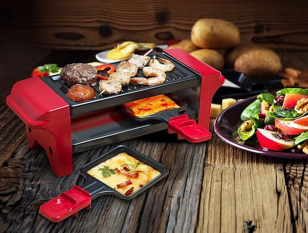 Bestron Appareil a raclette, Mini Grill pour 1 à 2 personnes, avec 2 poêlons et 2 spatules, avec revêtement antiadhésif, 350 Watts, couleur: Rouge/Noir - 5
