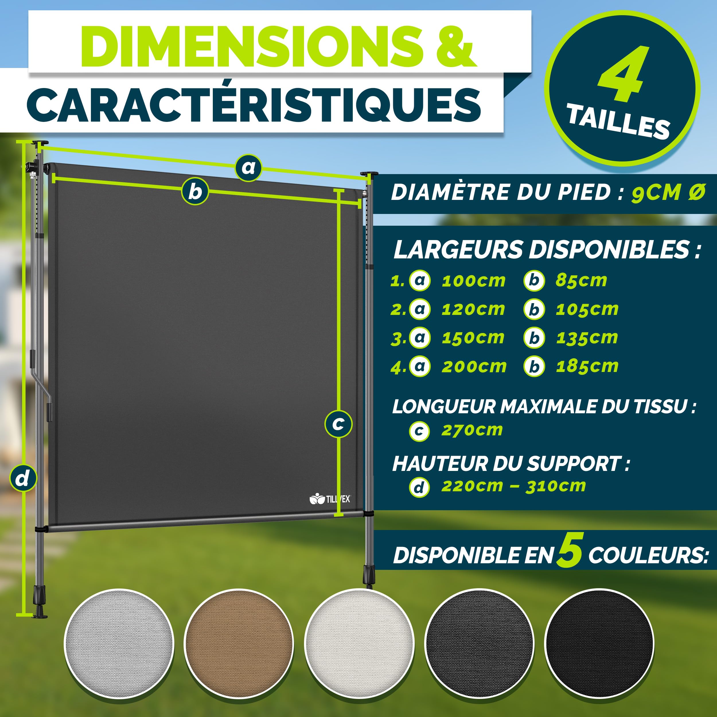 tillvex Store vertical 200 x 310 cm anthracite avec manivelle sans perçage | Brise-vue extensible et opaque | Store vertical pour balcon, terrasse, jardin | Store brise-vue résistant aux intempéries
