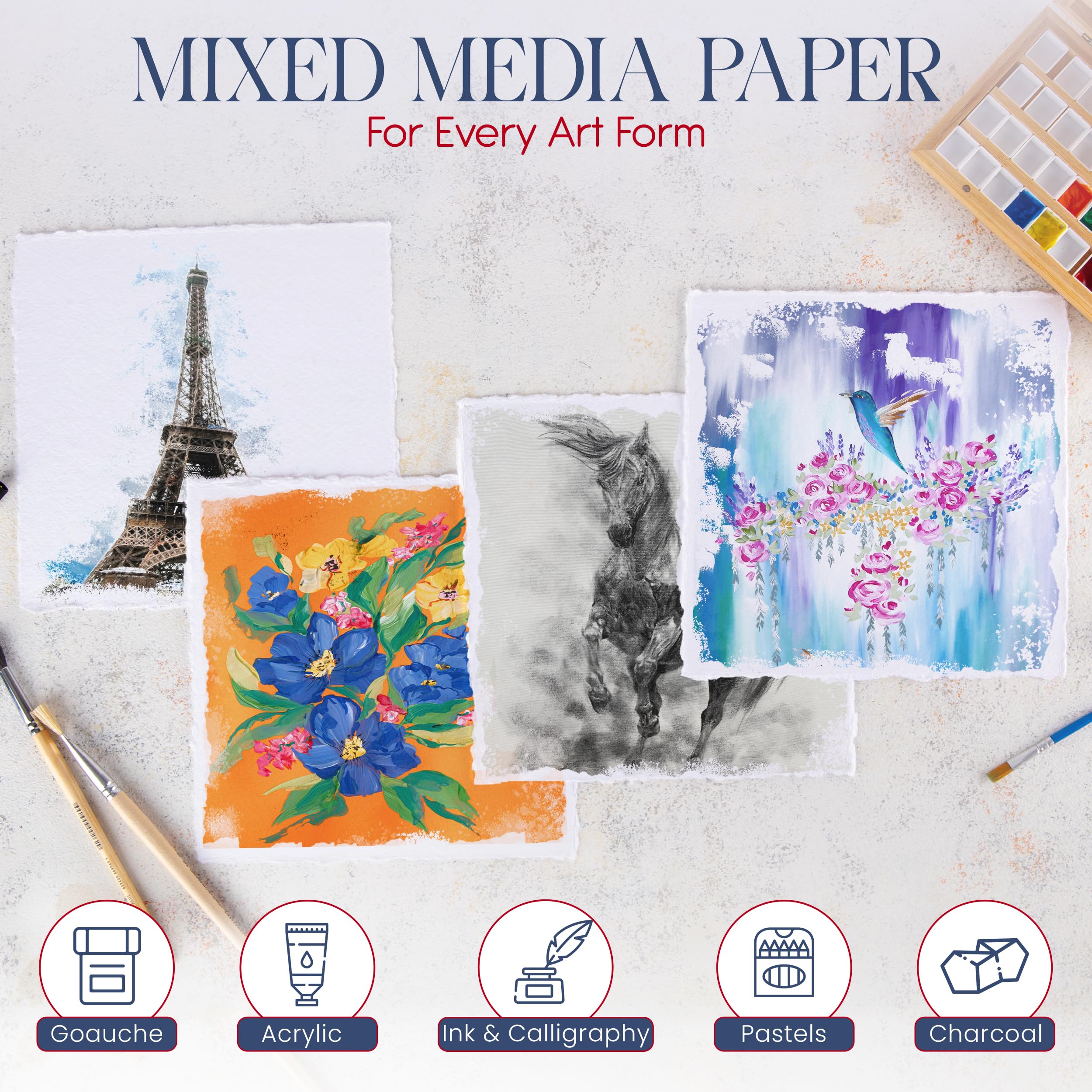 Carta Per Acquerello Vintage - 25 Fogli 20x20 Cm, 300 GSM, Con Bordi Grezzi E Cotone Riciclato - Foto 6