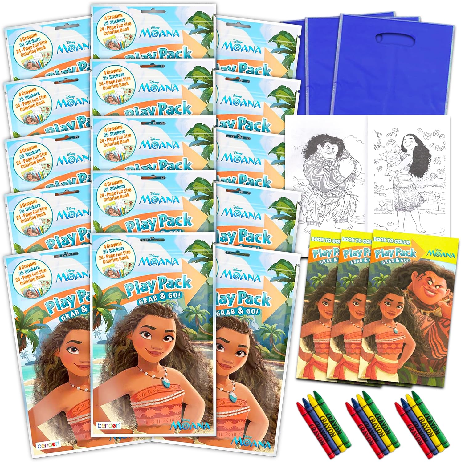 Bendon Publishing Set of 15 Kids Play Packs Bundle ~ Fun Party Favors Coloring Book Crayons, Stickers, Door Hanger, Loot Bags (Moana)