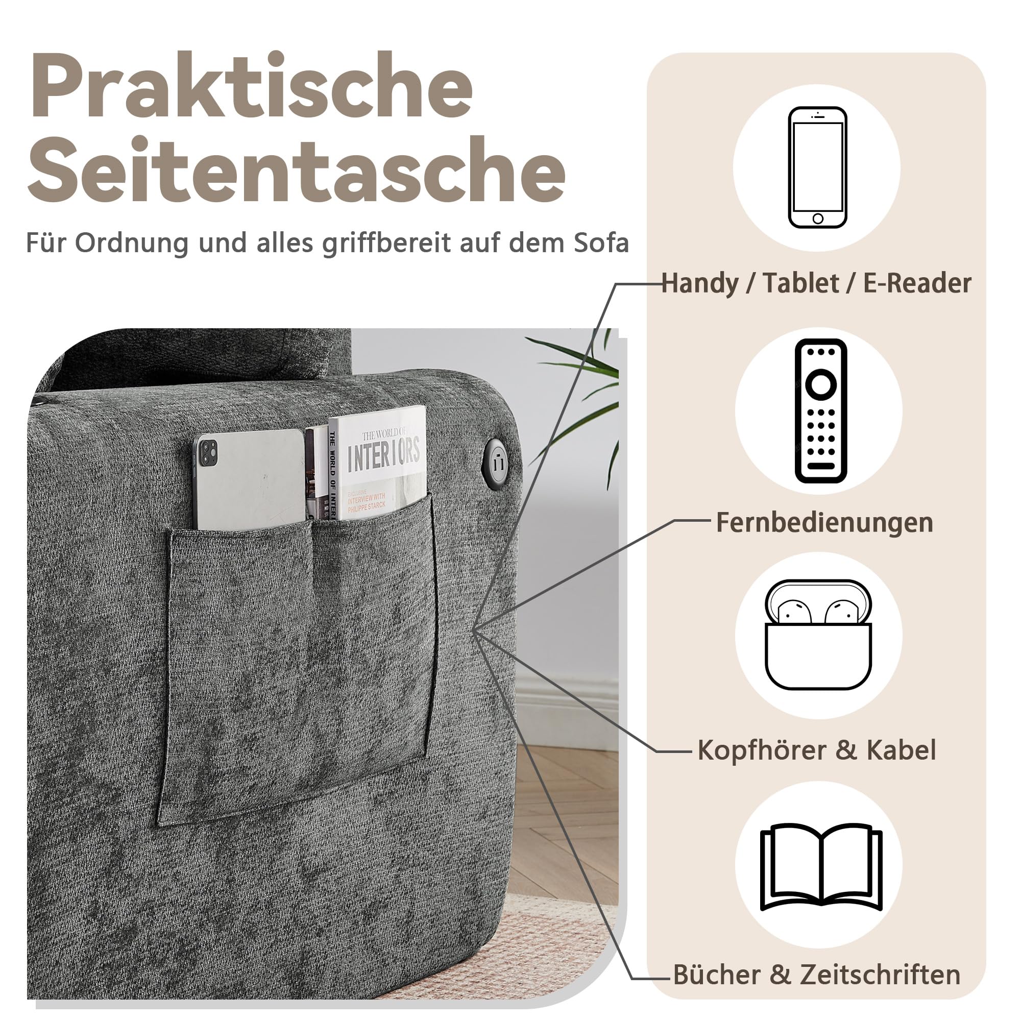 Sofá modular de 2 plazas Boneless con función de dormir de chenilla, color
