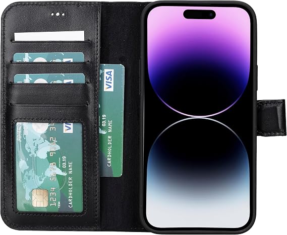 iPhone 15 Plus ile uyumlu Hakiki Deri Cüzdan Kılıf - Kart Yuvalı, Tam Koruma, MagSafe Uyumlu, RFID Korumalı, Stantlı, Güçlü Manyetik Kapama - Üniseks (Rustik Siyah)