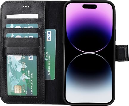 iPhone 15 Plus ile uyumlu Hakiki Deri Cüzdan Kılıf - Kart Yuvalı, Tam Koruma, MagSafe Uyumlu, RFID Korumalı, Stantlı, Güçlü Manyetik Kapama - Üniseks (Rustik Siyah)