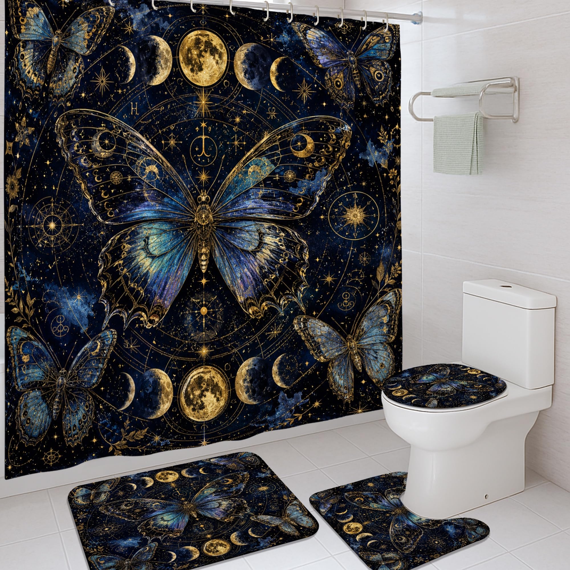 Rideau de douche bleu automne imprimé papillon lune 183x183 cm