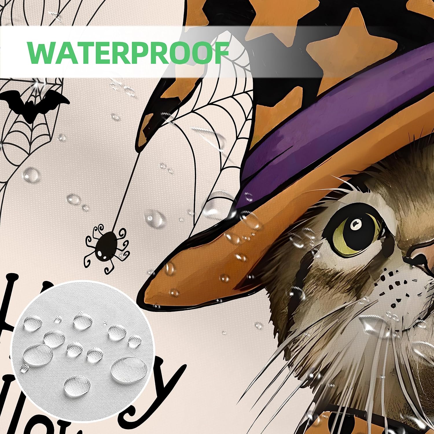 Happy Halloween Shower Curtain, Cat Curtains for Bathroom, Spooky Home Decor Waterproof Fabric with Hooks 72x72 Inch