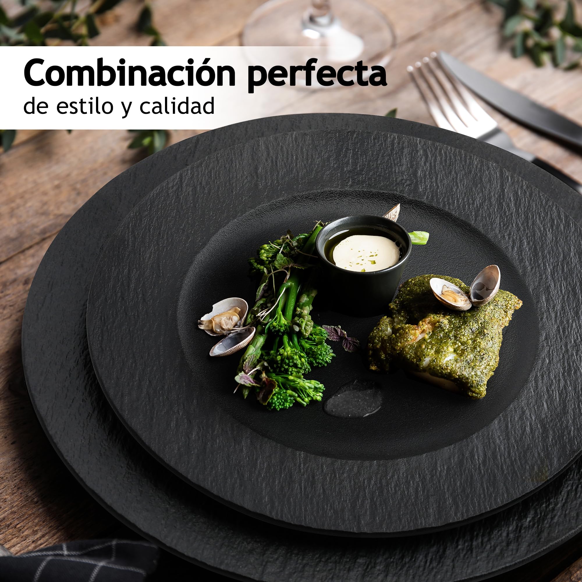 MIAMIO - Set 4 platos de postre de cerámica (23 cm) - Oasis (Negro) | Set de platos de cerámica (23 cm) para desayuno, guarniciones y postre, aptos para lavavajillas