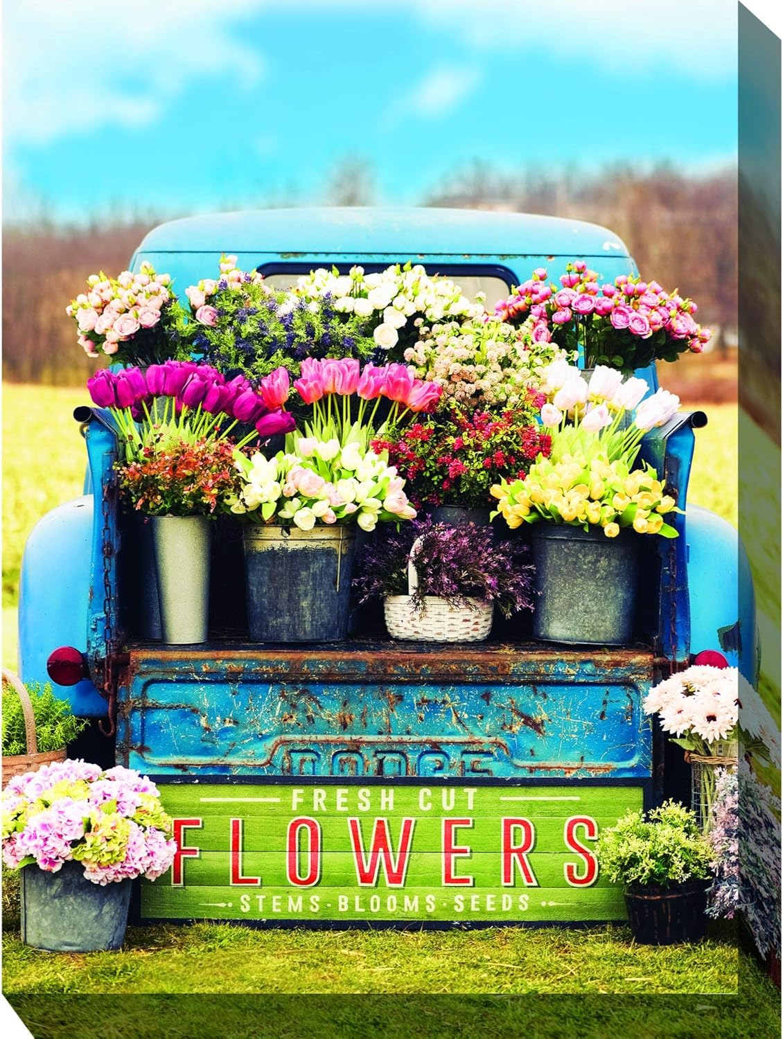 Blue and Green Fresh Flowers Outdoor Canvas Rectangular Wall Art Decor 40" x 30"