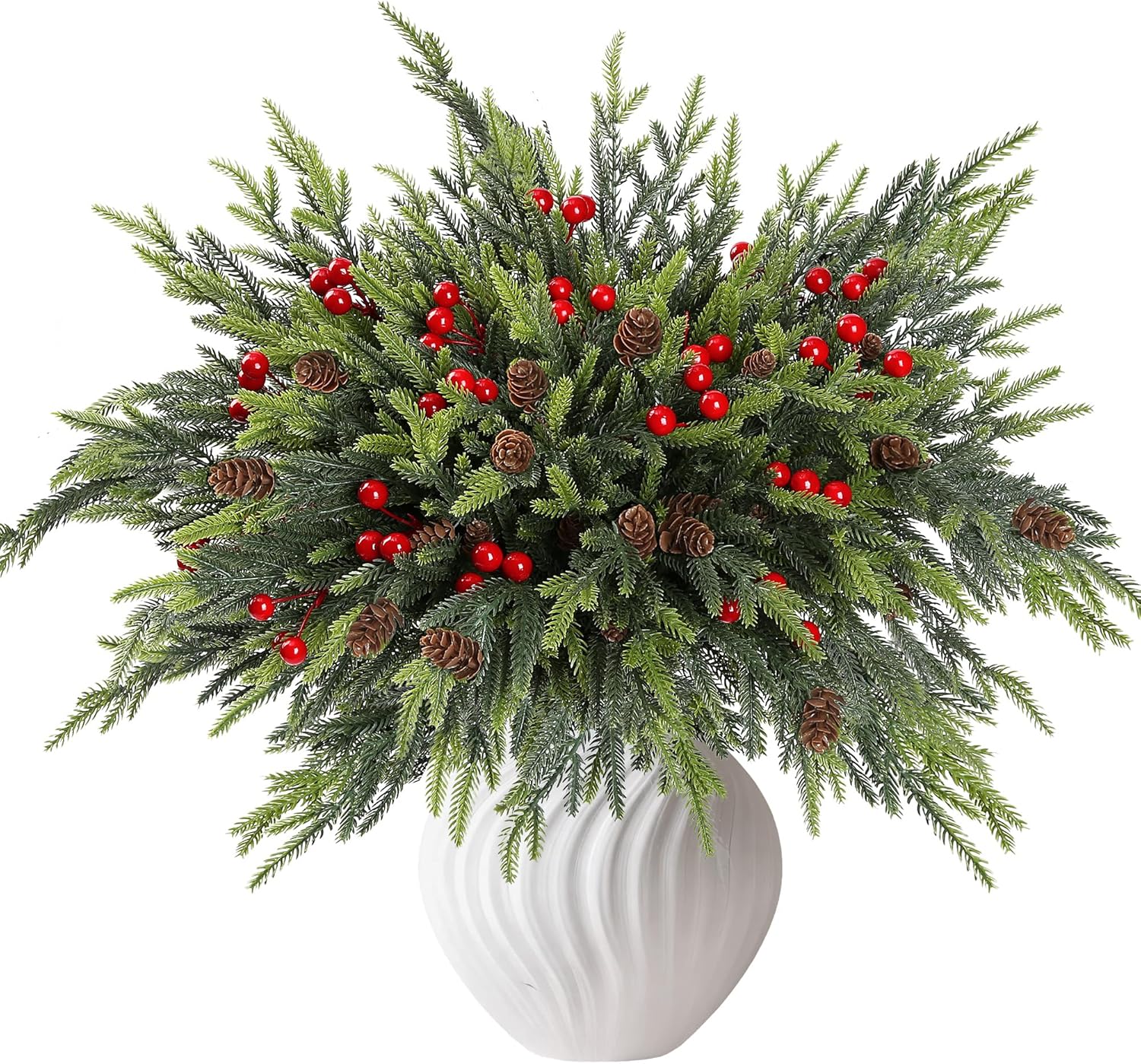 Sggvecsy 12 Pcs Christmas Norfolk Pine Branches 17’’ Real Touch Artificial Christmas Branches with Pinecones Red Berries Faux Greenery Cedar Stems for Xmas Home DIY Crafts Garland Indoor Outdoor Decor Dark Green