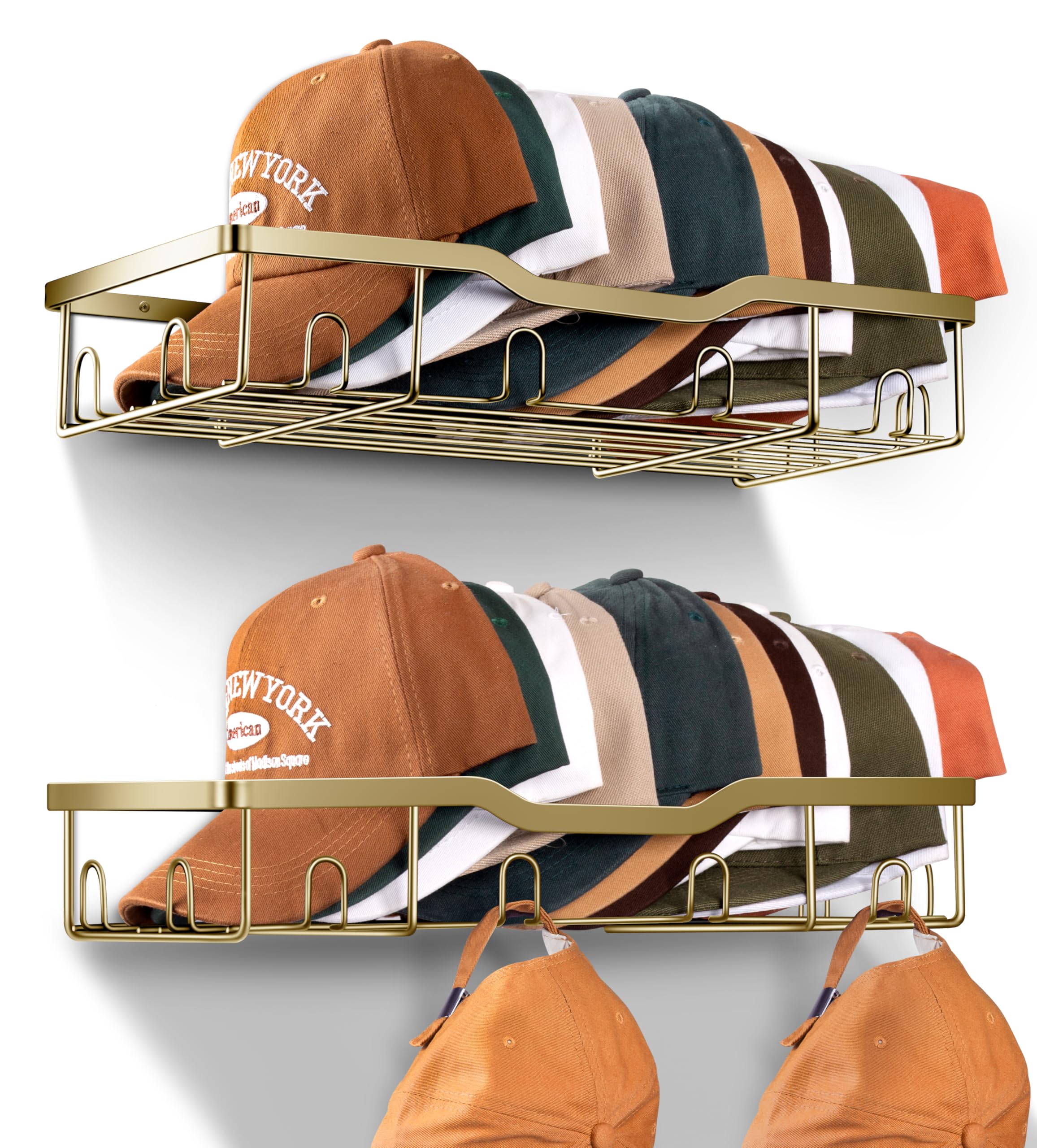 KEETDY Metal Hat Organizer for Baseball Caps Wall Hat Rack Fit 48 Caps Holder, 2 Packs Sturdy Wall Mounted Hat Storage Organizer, Gold
