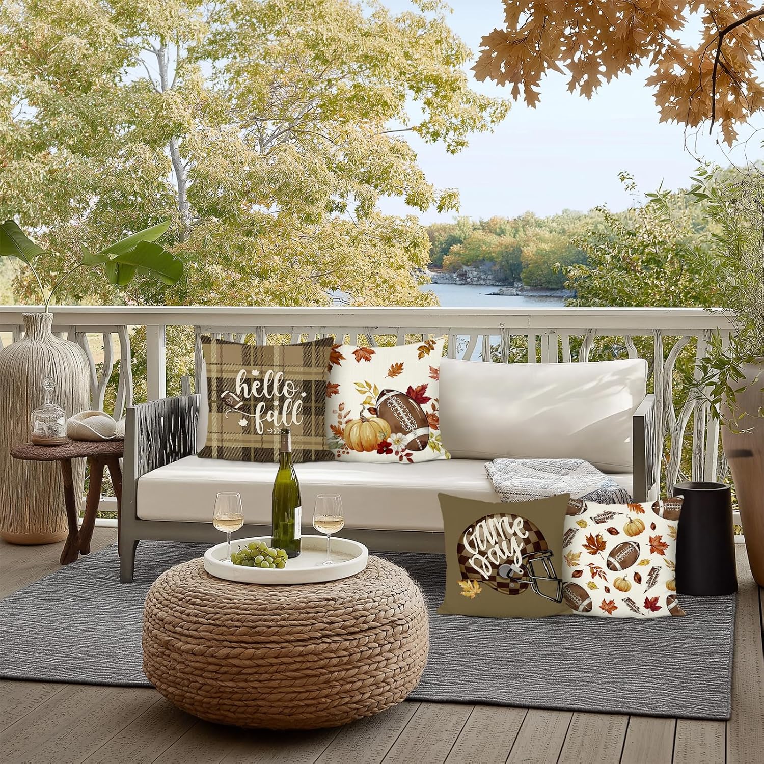 Bonhause Fall Football Throw Pillow Covers 18 x 18 Inch Pumpkins Maple Leaves Helmet Thanksgiving Harvest Brown Decorative Pillow Cases for Outdoor Couch Sofa Garden Decor Set of 4 - Image 3