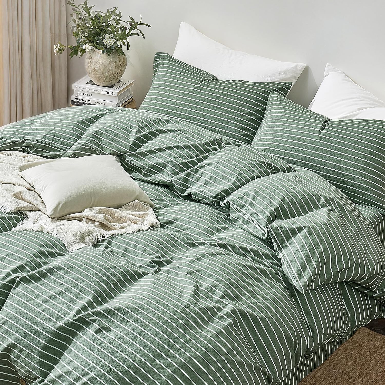JELLYMONI 100% Washed Cotton Forest Green Striped Duvet Cover Set Full image 2