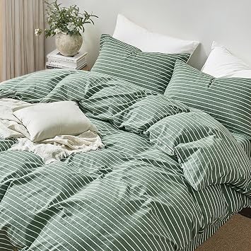JELLYMONI 100% Washed Cotton Forest Green Striped Duvet Cover Set Twin