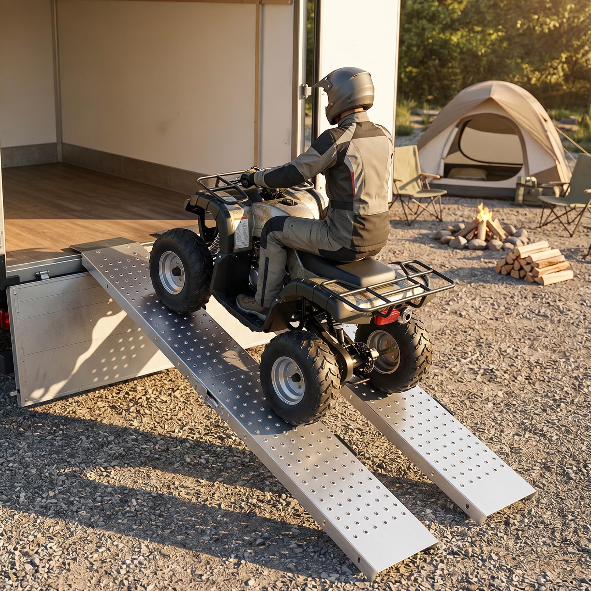 HOMCOM Set 2 Rampe di Carico, Rampe Pieghevoli in Metallo, Portata Totale 400 kg, 180 x 25.5 cm, con Maniglie e Fori Antiscivolo, per Moto, ATV, Rimorchio, Pick-up e Tosaerba, Argento