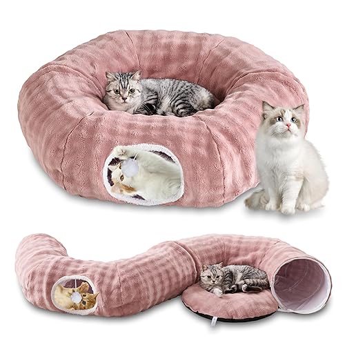 Yaning Bubble Cat Tunnel for Indoor Cats, Round Peekaboo Cave Toy with Dangling Balls, Donut Tunnel Bed with Circle Mat for Puppy Kitten Rabbit, Dusty Pink - Round - Dusty Pink