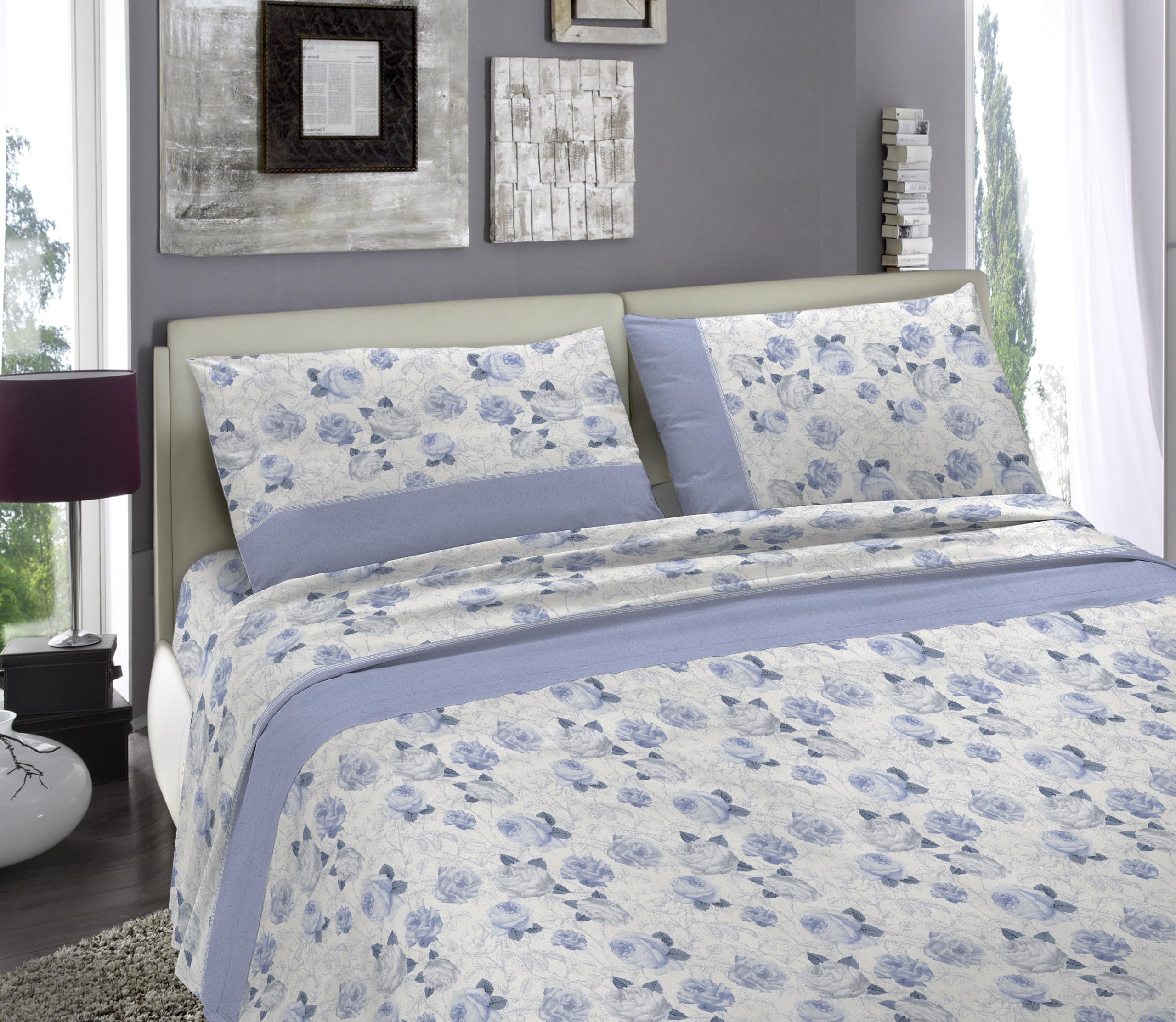 Completo Lenzuola Invernale Felpate in Flanella Matrimoniali 100% Cotone Flanellato Anti Pilling Set Letto 2 Piazze Parure Sopra Sotto e Federe Caldo e Morbido Fantasia Floreale - Rose Azzurro